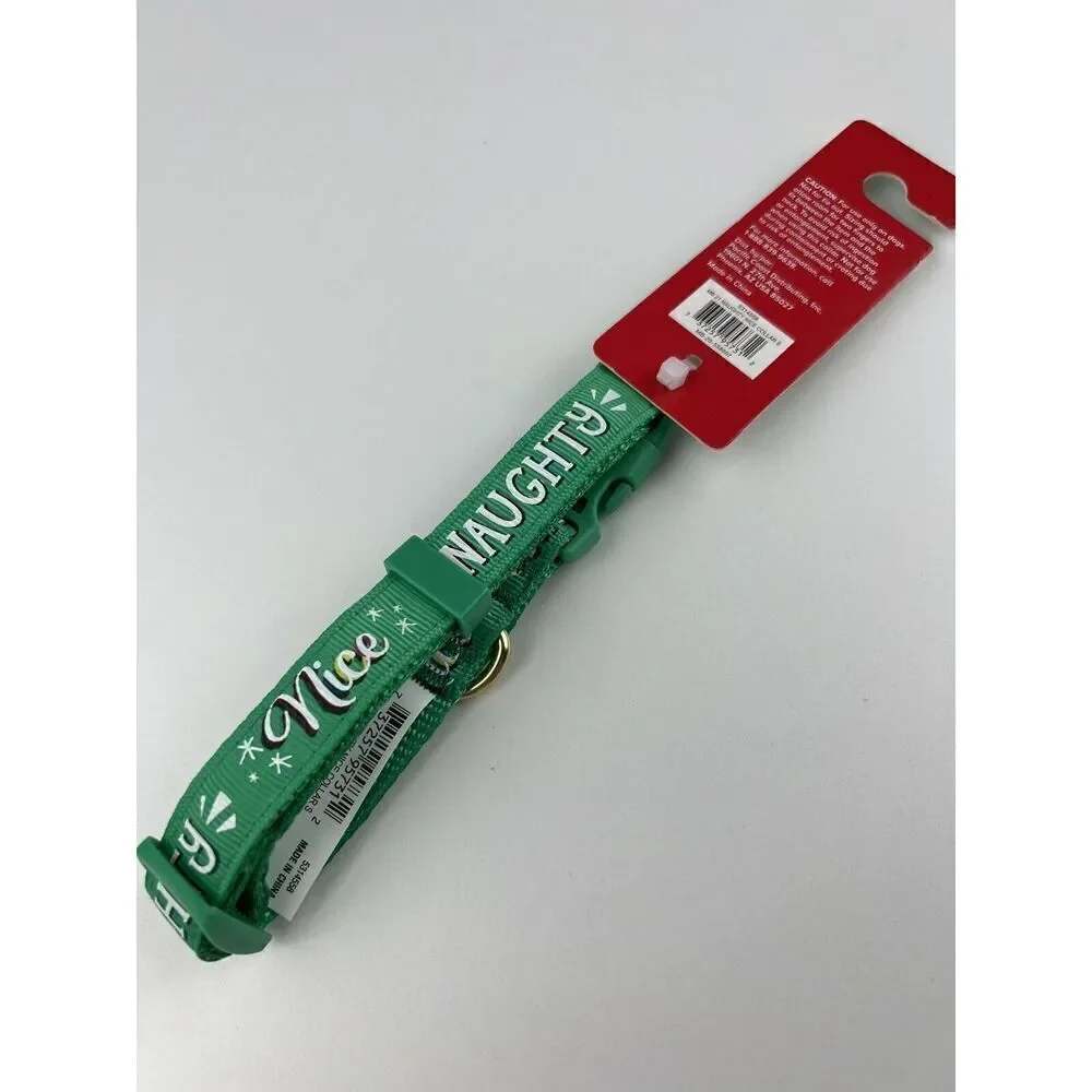 Merry & Bright Adjustable Holiday Themed Dog Collar “Naughty Nice” Green Size S